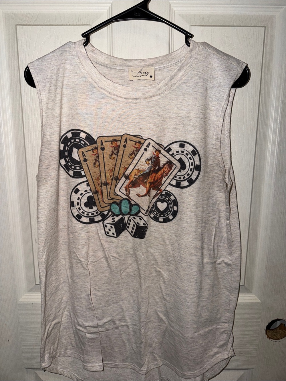 Avery White Graphic Muscle Tee with Poker & Rodeo Card Design